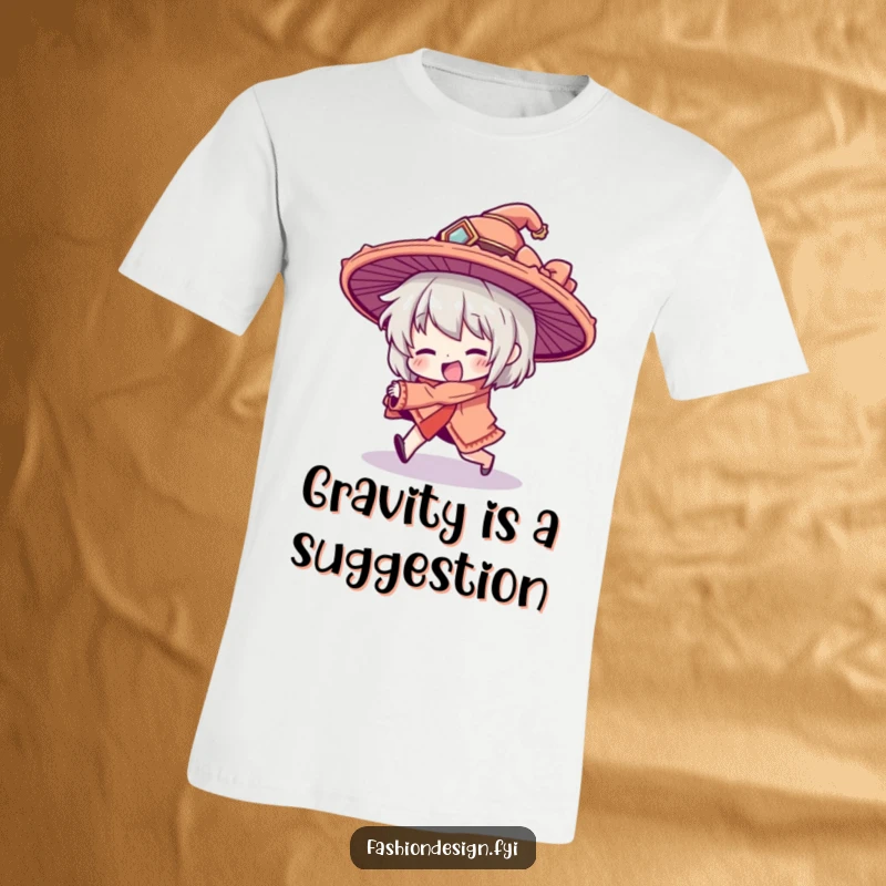 Funny t-shirt with a character hilariously tripping, adorned in a comically large, elaborate hat; perfect for expressing your funny, clumsy side.