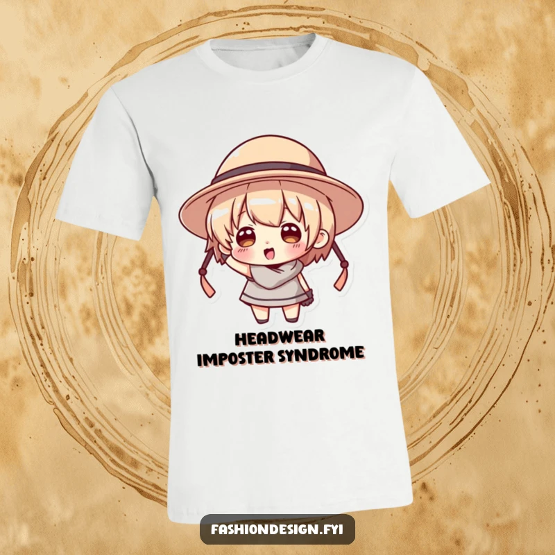 Funny t-shirt featuring a character comically attempting to wear a hat that is comically too big for its head.