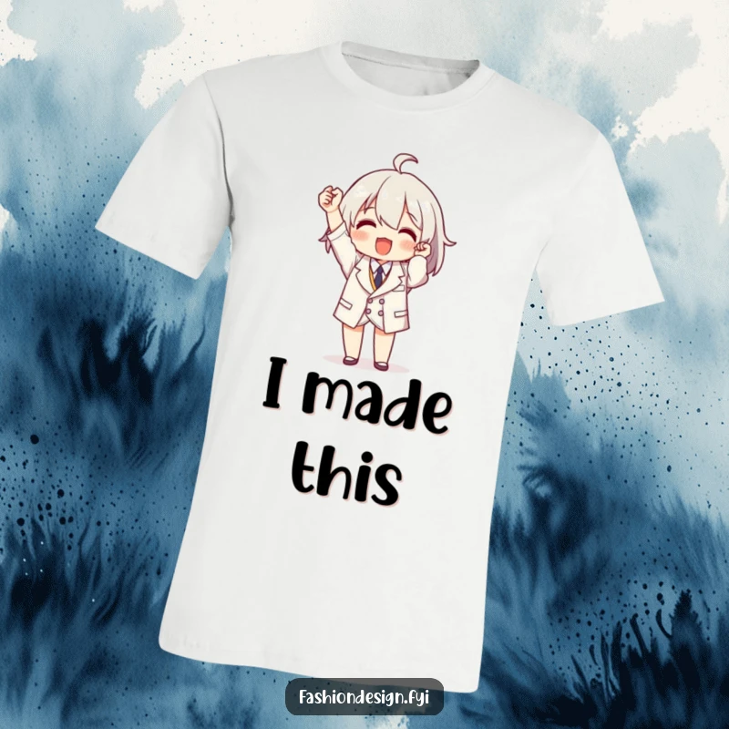 Funny t-shirt depicting a triumphant character proudly displaying a flawlessly tailored miniature piece of clothing.