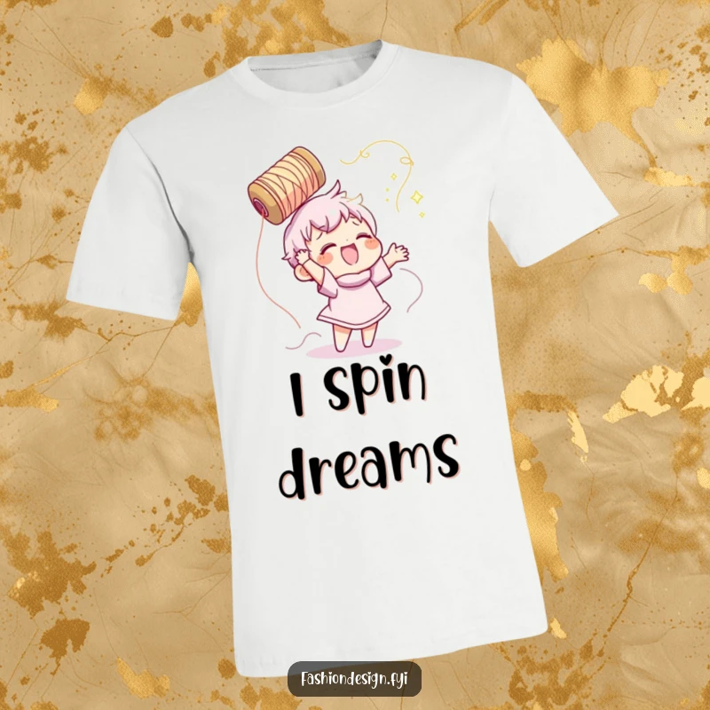 Funny t-shirt featuring a happy character gleefully tossing a spool of shiny thread, capturing a moment of sewing delight.
