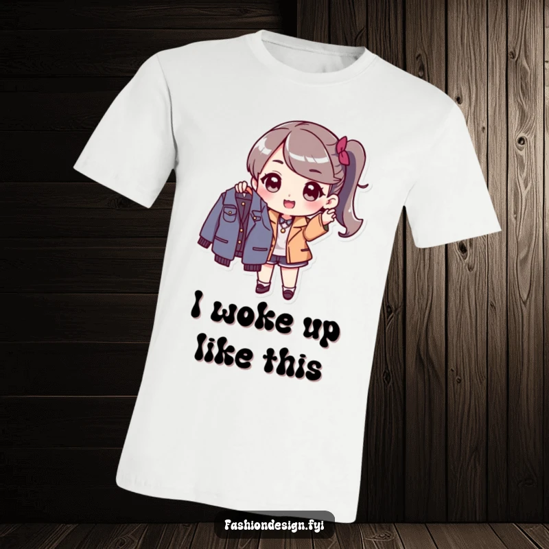 Funny T-Shirt: Stylish character excitedly holding a new fashionable garment, radiating chic energy and humor.