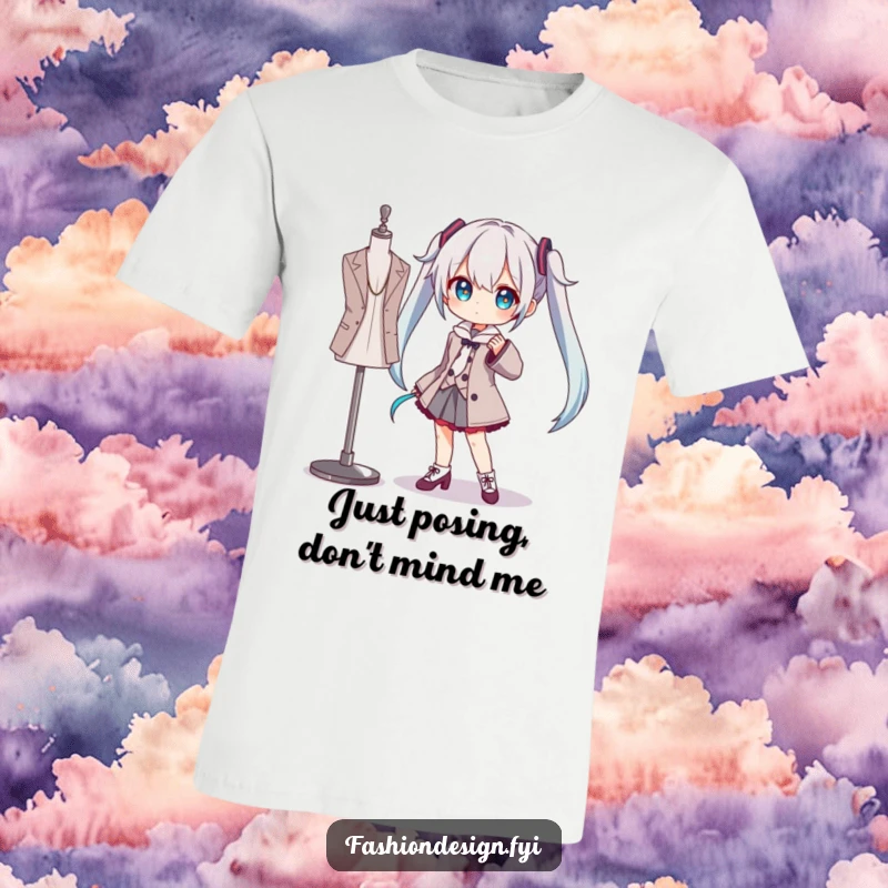 Funny t-shirt depicting a character in a flamboyant pose beside a mannequin, highlighting playful artistic ego and humor.