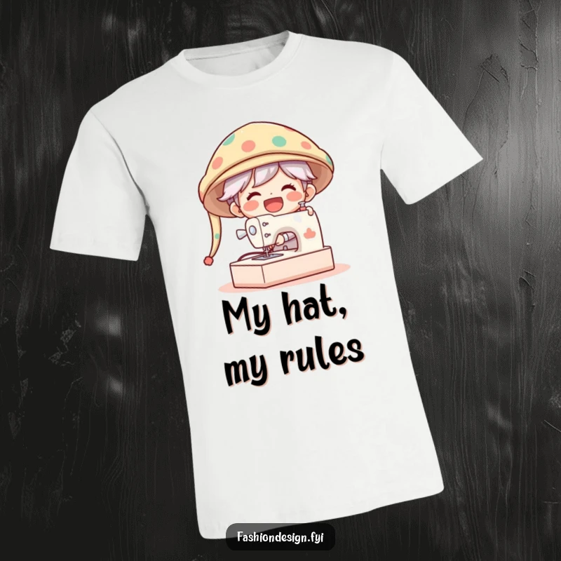 Funny T-Shirt of a gleeful character laughing hysterically while sewing a comically oversized hat on a massive machine.