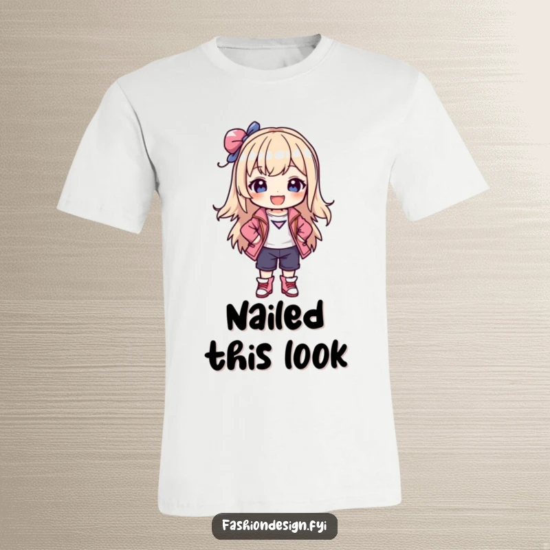 Funny t-shirt with a joyful character confidently posing in a stylish, self-created outfit, celebrating fashion.