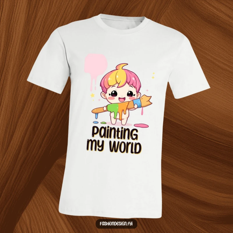 Funny Artist T-Shirt: A cute character holds a giant paintbrush dripping rainbow paint, a funny gift for painters.