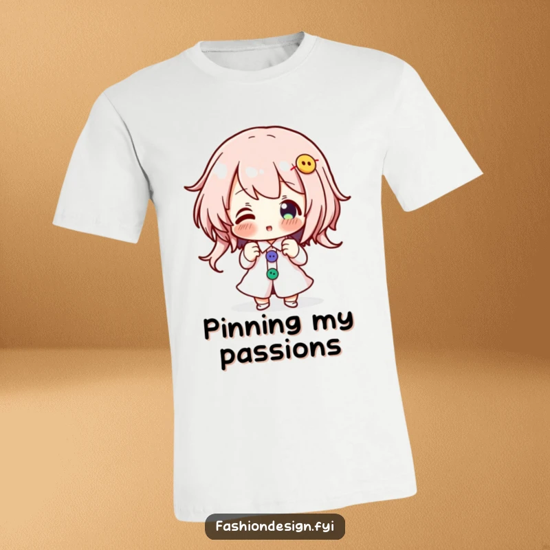 Funny t-shirt showing an enthusiastic character pinning colorful buttons onto a design, celebrating crafting.