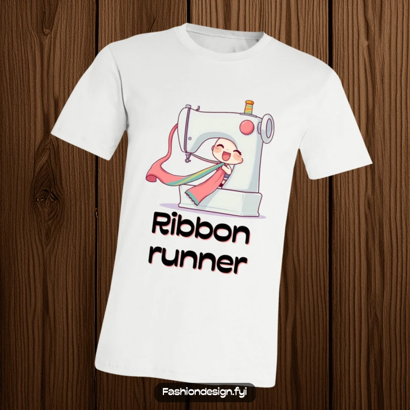 Funny ribbon pull t-shirt featuring a delighted character pulling a long colorful silk ribbon from a giant sewing machine, ideal funny gift.