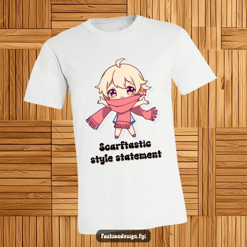 Funny t-shirt featuring a playful character dramatically posing with an elegant, long scarf, showcasing theatrical flair and confidence.