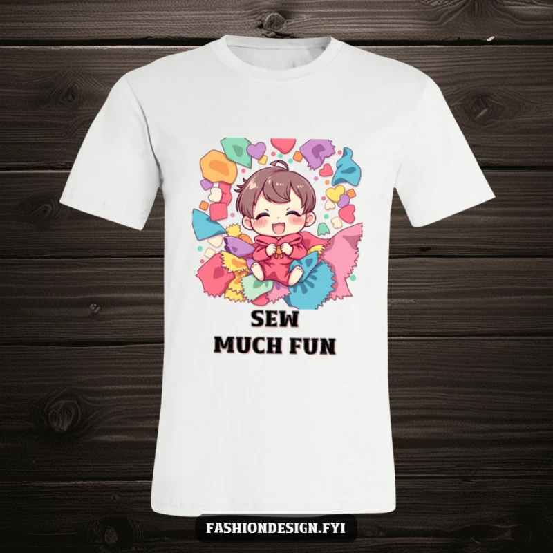 Funny t-shirt of a joyful character giggling while completely surrounded by a delightful mess of colorful fabric scraps, celebrating creative entropy.