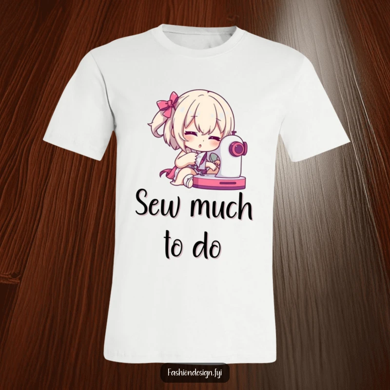 Funny T-Shirt: Dramatic character posing with a sewing machine mid-stitch, embracing the creative process with flair.