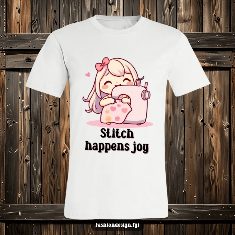 Funny Sewing Machine T-Shirt: Happy character joyfully stitching a playful pattern, ideal for sewing enthusiasts who love humor.