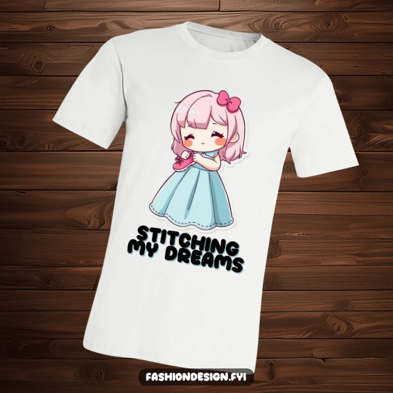 Funny t-shirt showing a content character happily sewing a small, smiling shoe onto a colorful dress form, a celebration of handmade artistry.