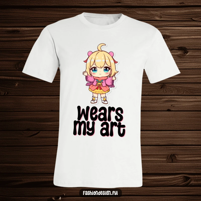 Funny T-Shirt: Character proudly displaying a colorful, uniquely designed outfit, celebrating personal style and humor.