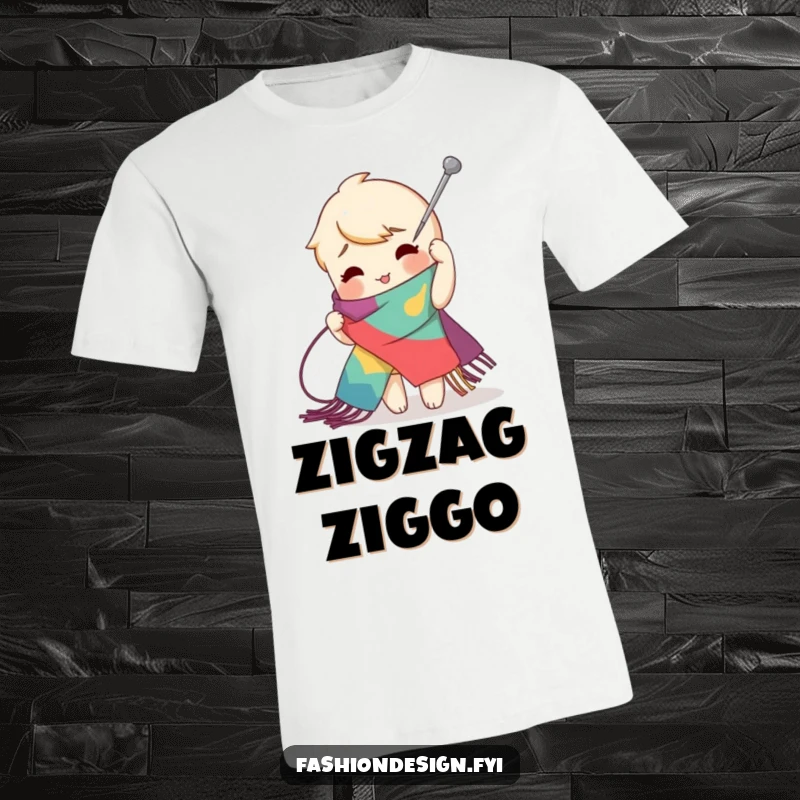 Funny zig-zag stitch t-shirt of a playful character using a giant needle to create an exaggerated stitch on a vibrant scarf, ideal funny gift.