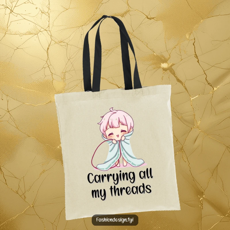 Funny tote bag showing a character hilariously unraveling fabric while pulling a thread. A practical and humorous accessory gift.