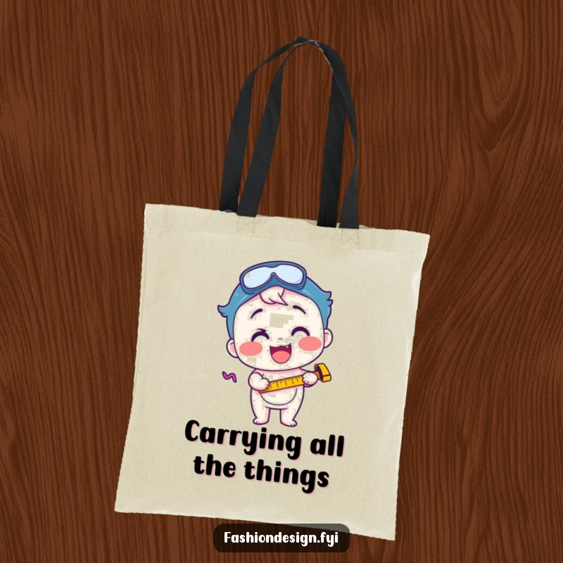 Funny tote bag with a happy character intensely using a measuring tape, radiating focused excitement and a passion for accuracy.