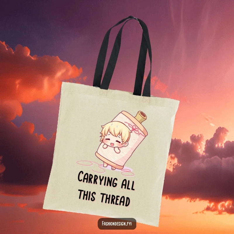 Funny tote bag showing a cute character adorably struggling with a gigantic spool of thread, perfect for craft supplies.