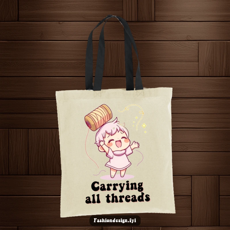 Funny tote bag featuring a character gleefully tossing a spool of shimmering thread, celebrating the joy of sewing.
