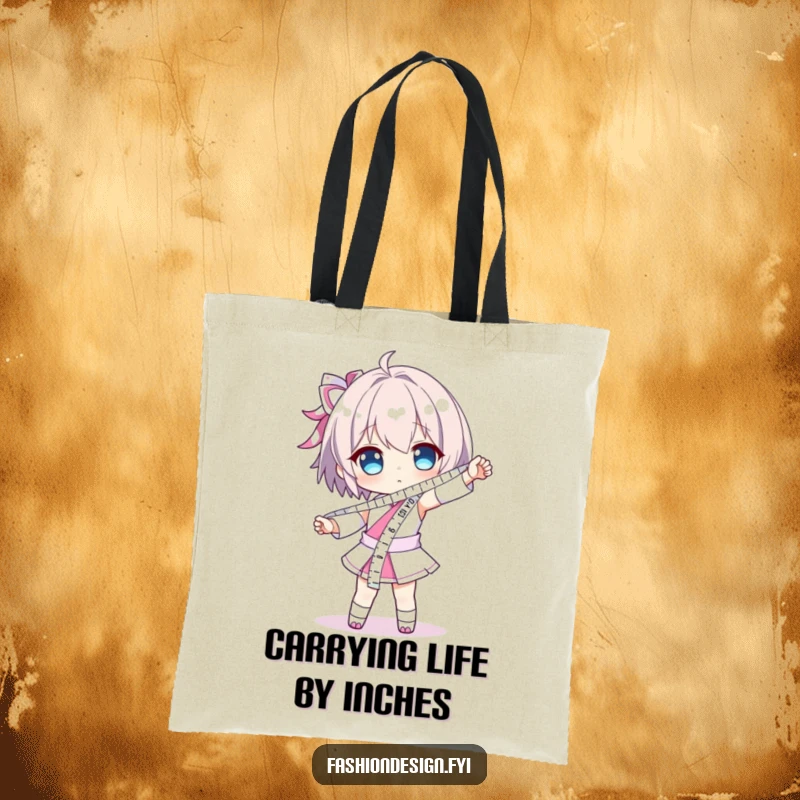 Funny tote bag with a character dramatically posing, wearing a long measuring tape like a sash; ideal for carrying tools and supplies.