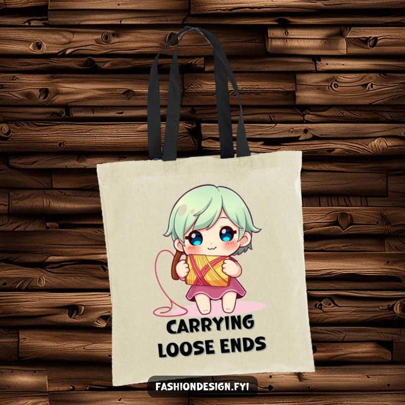 Funny Thread Spool Tote Bag: Smiling character with a vibrant spool of thread unraveling, a humorous and practical bag for crafters.