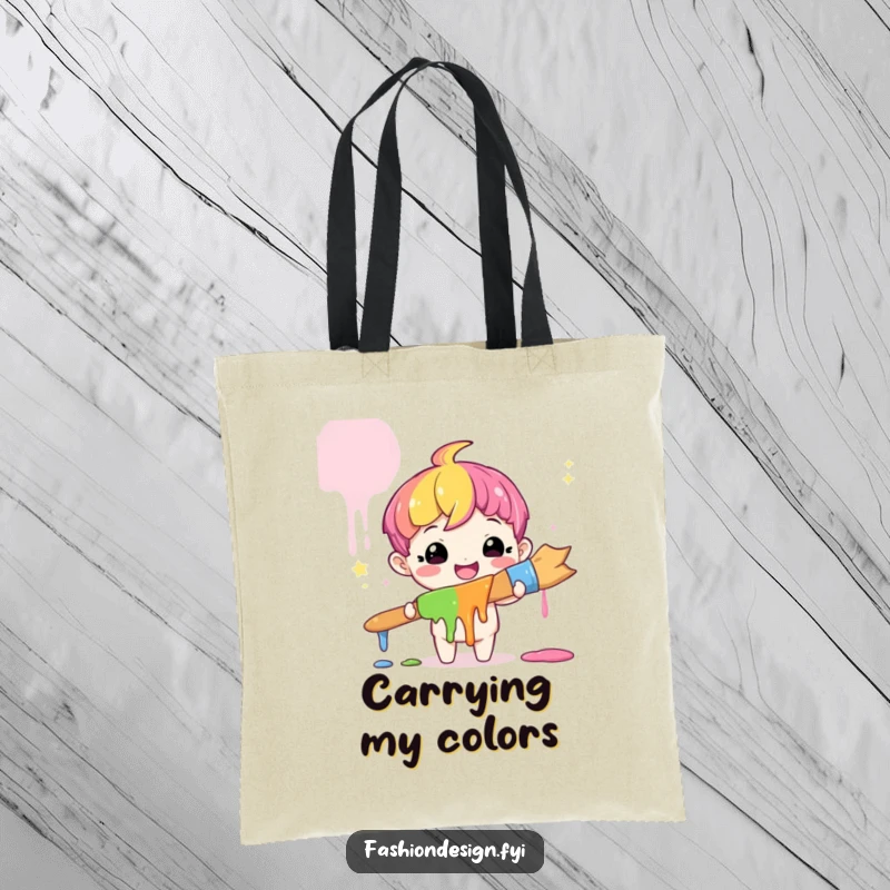Funny Artist Rainbow Tote Bag: A cute character holds a giant rainbow paintbrush, a humorous and stylish funny gift.