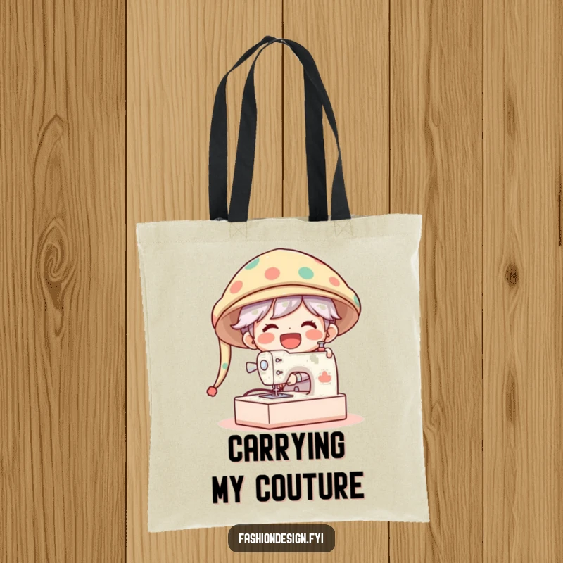 Funny Tote Bag with a gleeful character laughing while sewing a comically huge hat on a giant sewing machine.