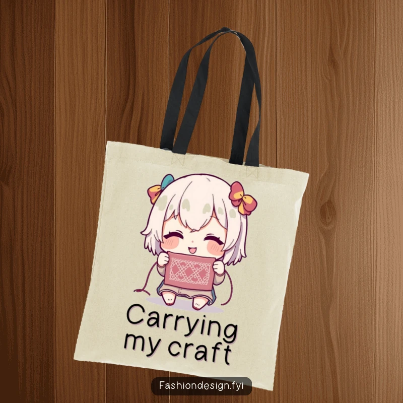 Funny tote bag featuring a character with a delighted expression, admiring a delicate and intricate stitch, celebrating crafting.