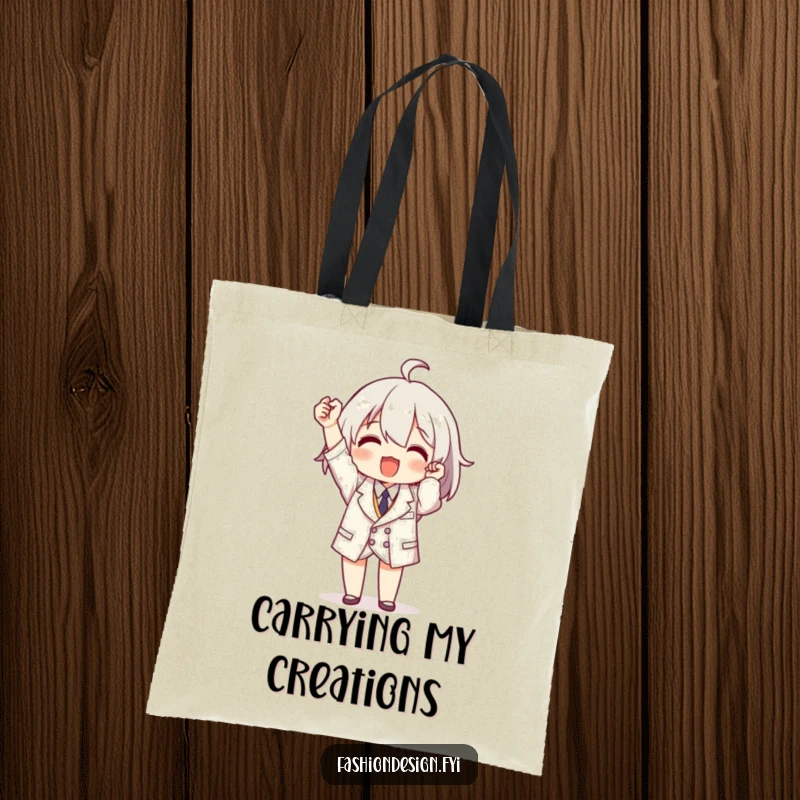 Funny tote bag showing a triumphant character holding a perfectly tailored miniature garment, celebrating sewing skills.