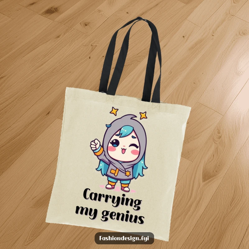 Funny Tote Bag featuring a triumphant character confidently pinning fabric, perfect for carrying art supplies and tools.