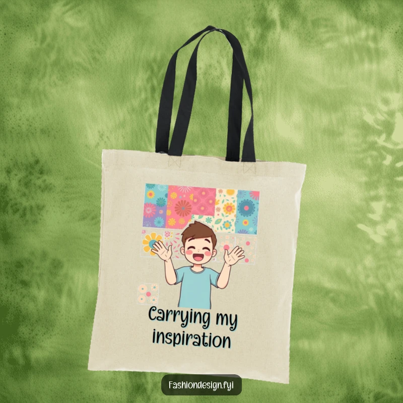 Funny tote bag showcasing an enthusiastic person pointing at a vibrant mood board, symbolizing creative brainstorming and design inspiration.