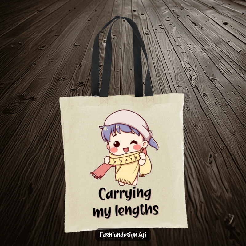 Funny tote bag with a design of a character measuring a very long scarf, great for carrying sewing supplies.