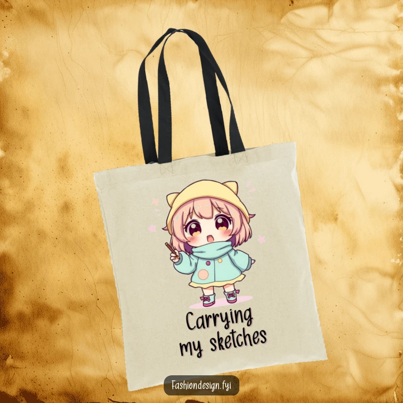 Funny tote bag showing an excited character focused on sketching a detailed and whimsical outfit design.