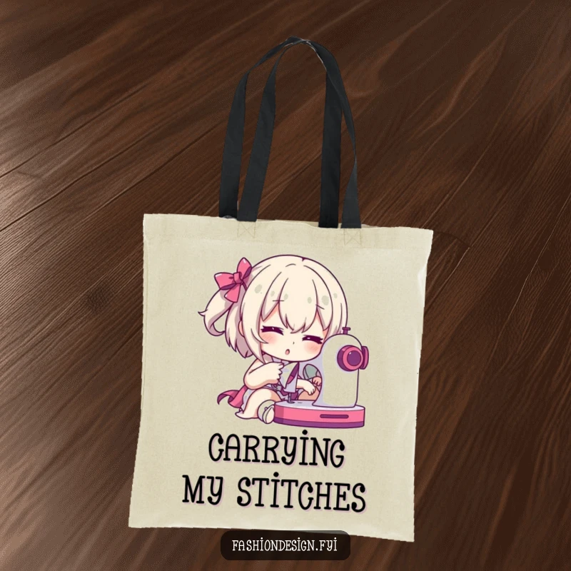 Funny Tote Bag: Dramatic character posing with a sewing machine in mid-stitch, ideal for carrying sewing essentials.