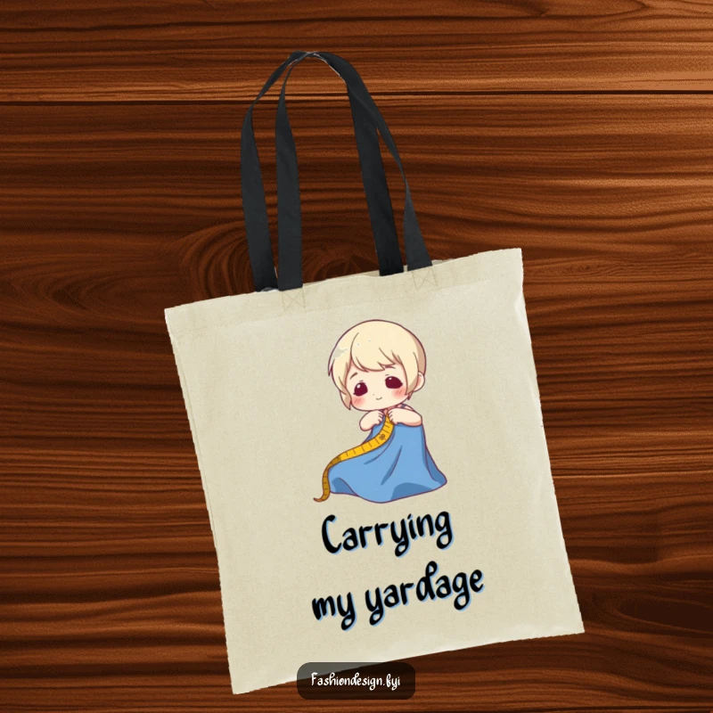 Funny tote bag illustrating a character measuring cloth with a tape measure, a delightful accessory for sewing lovers.