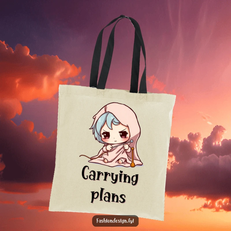 Funny tote bag with a design of a focused character pinning fabric, great for carrying sewing supplies.