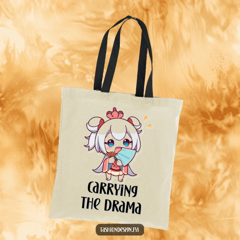 Funny Tote Bag of a surprised character fanning themselves with a large fan, perfect for carrying cool-down essentials.