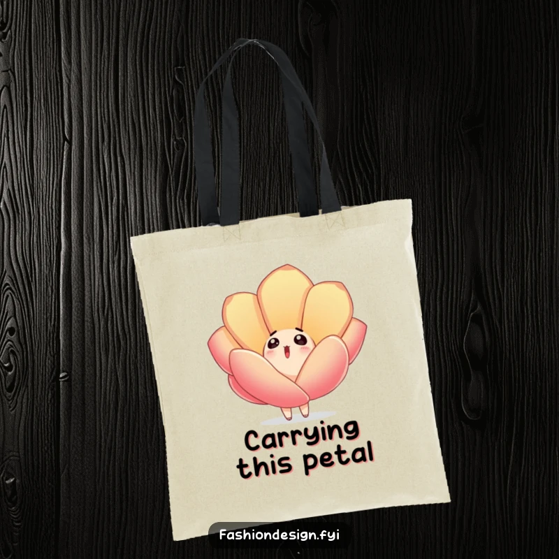Funny tote bag illustrating a surprised character looking up as an embroidered fabric petal drifts gently down, a charming and humorous scene.