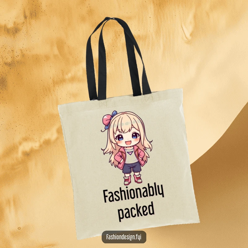 Funny tote bag with a joyful character posing confidently in a stylish, self-created outfit, perfect for fashionistas.