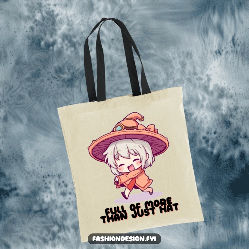 Funny tote bag with a character hilariously tripping, wearing a dramatically oversized hat, perfect for carrying your funny and clumsy essentials.