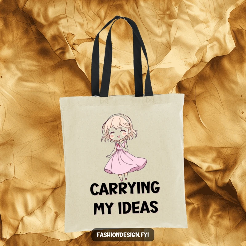 Funny tote bag featuring a character sketching a gown, ideal for artists to carry supplies with creative humor.