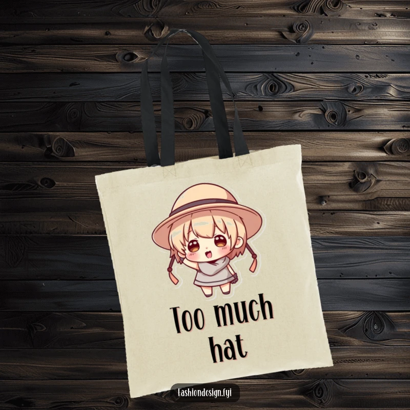Funny tote bag showcasing a character hilariously trying on a hat that is comically too big for them.