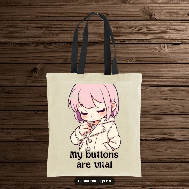 Funny button stitcher tote bag depicting a character intently sewing tiny sparkling buttons onto a stylish jacket, functional funny gift.