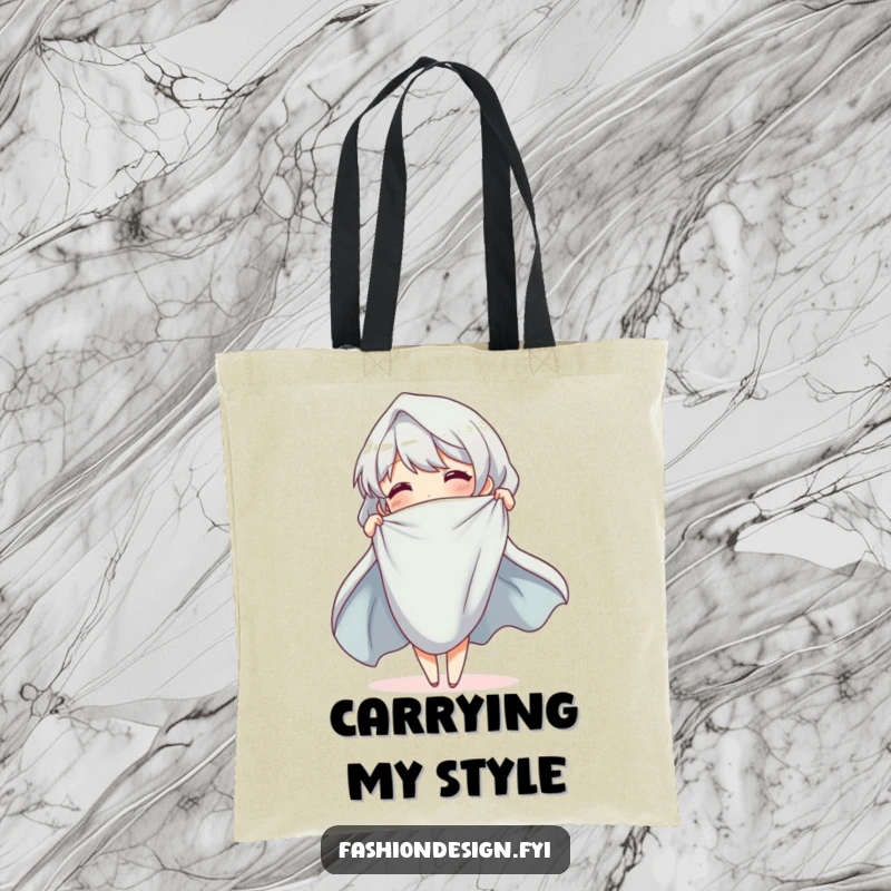 Funny Tote Bag of a cheerful character elegantly draping a piece of cloth, showcasing artistic talent.