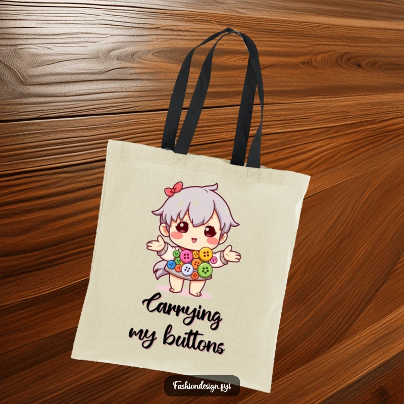 Funny tote bag with a design of a character arranging colorful buttons, great for carrying hobby supplies.