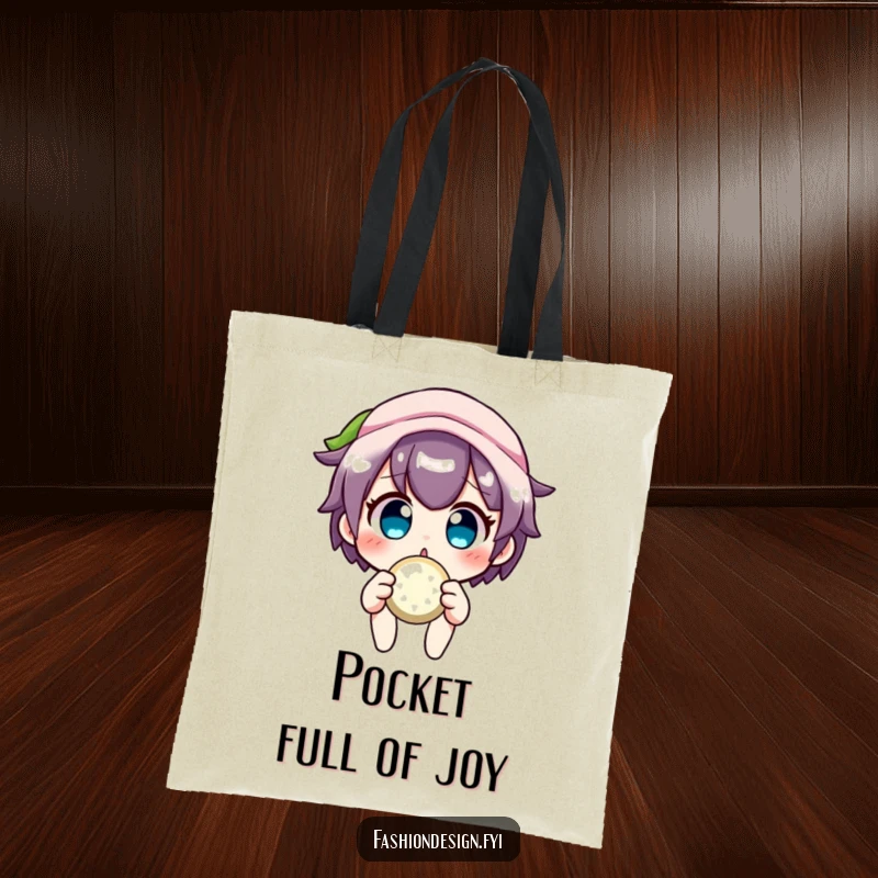 Funny crafter tote bag featuring a surprised character holding a sparkly button, perfect for carrying craft supplies and essentials.