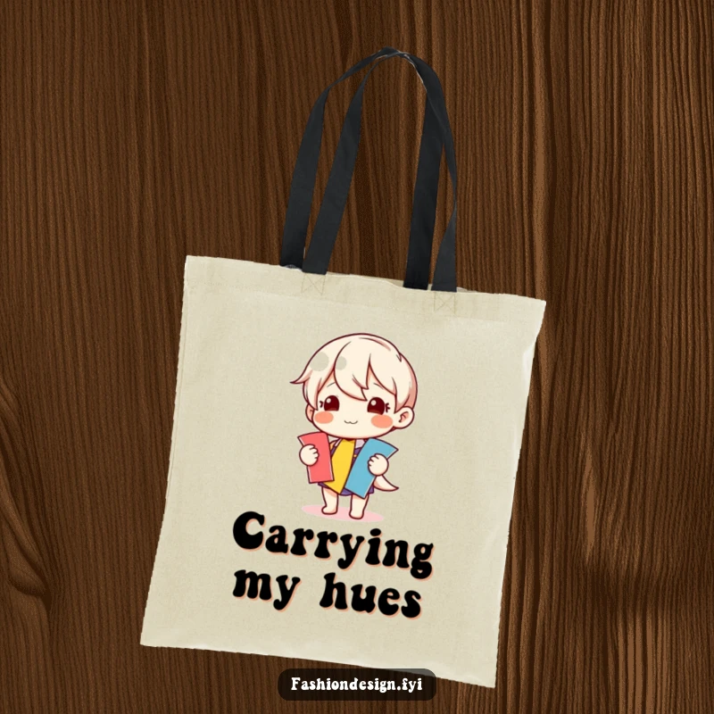 Funny tote bag with a happy character selecting colorful fabric swatches, perfect for carrying crafting supplies with cheerful humor.