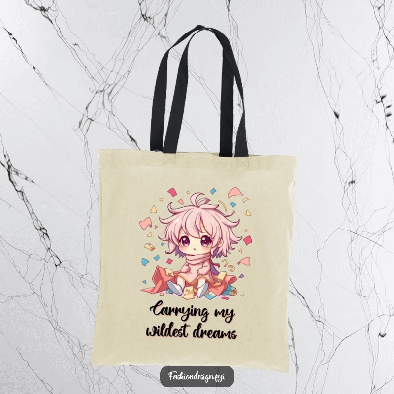 Funny tote bag featuring a character in creative chaos, surrounded by flying fabric scraps; a practical and humorous gift for crafters.