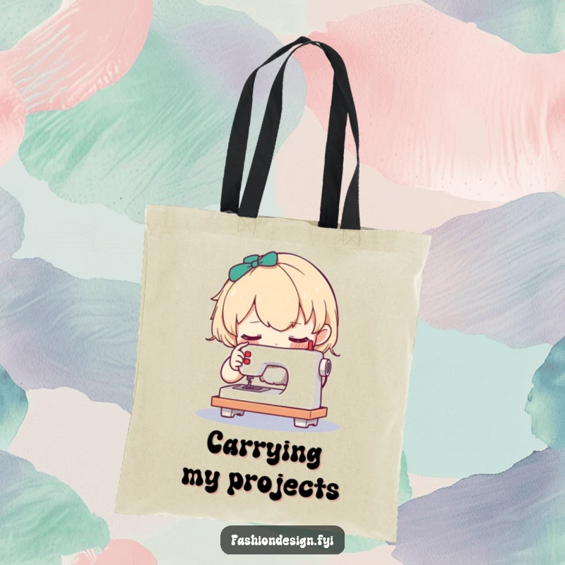 Funny tote bag featuring a curious character examining a tiny sewing machine, perfect for carrying sewing supplies.