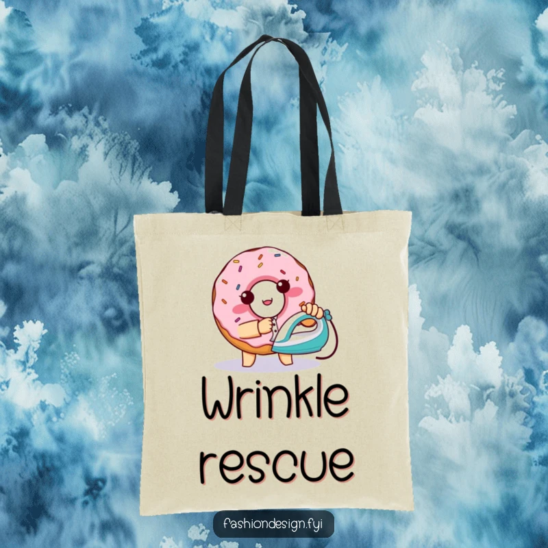 Funny mischievous donut with sprinkles, attempting to iron a shirt with a tiny iron, tote bag, perfect funny gift.