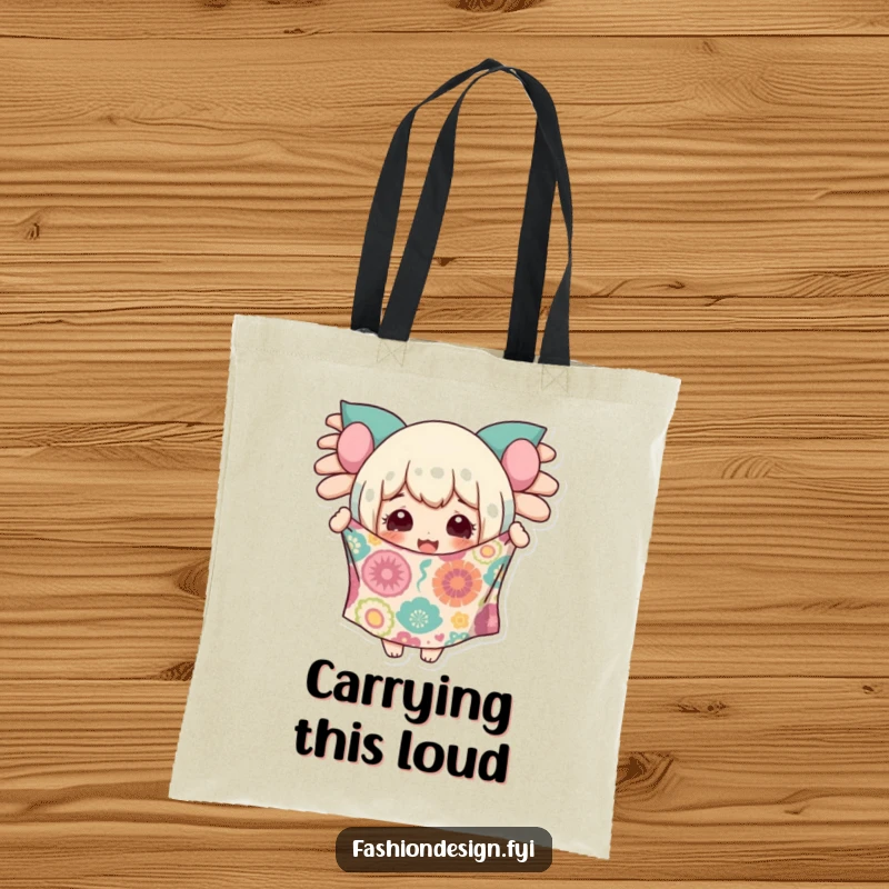 Funny tote bag with a delighted character holding up a piece of wildly patterned fabric, perfect for crafters.
